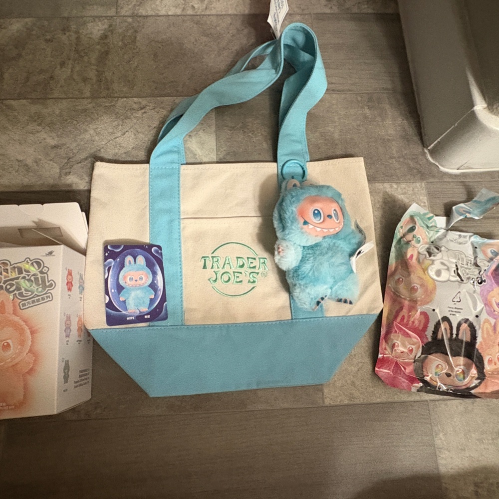 Trader Joe's Canvas mini Tote and labubu Big into energy Hope